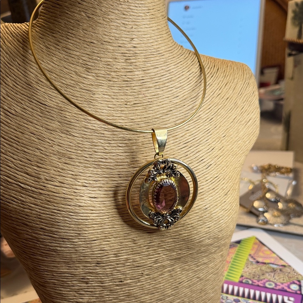 Gold-Tone Pendant Necklace with Purple Center Stone